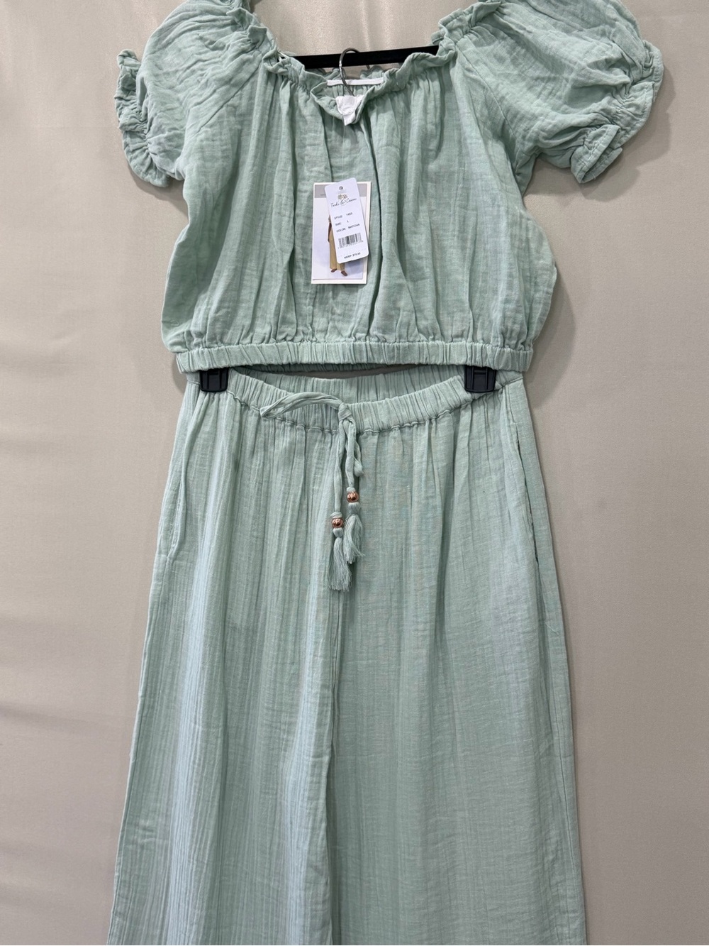Woman Sage Green Two-Piece Puff Sleeve Top & Maxi Skirt Set